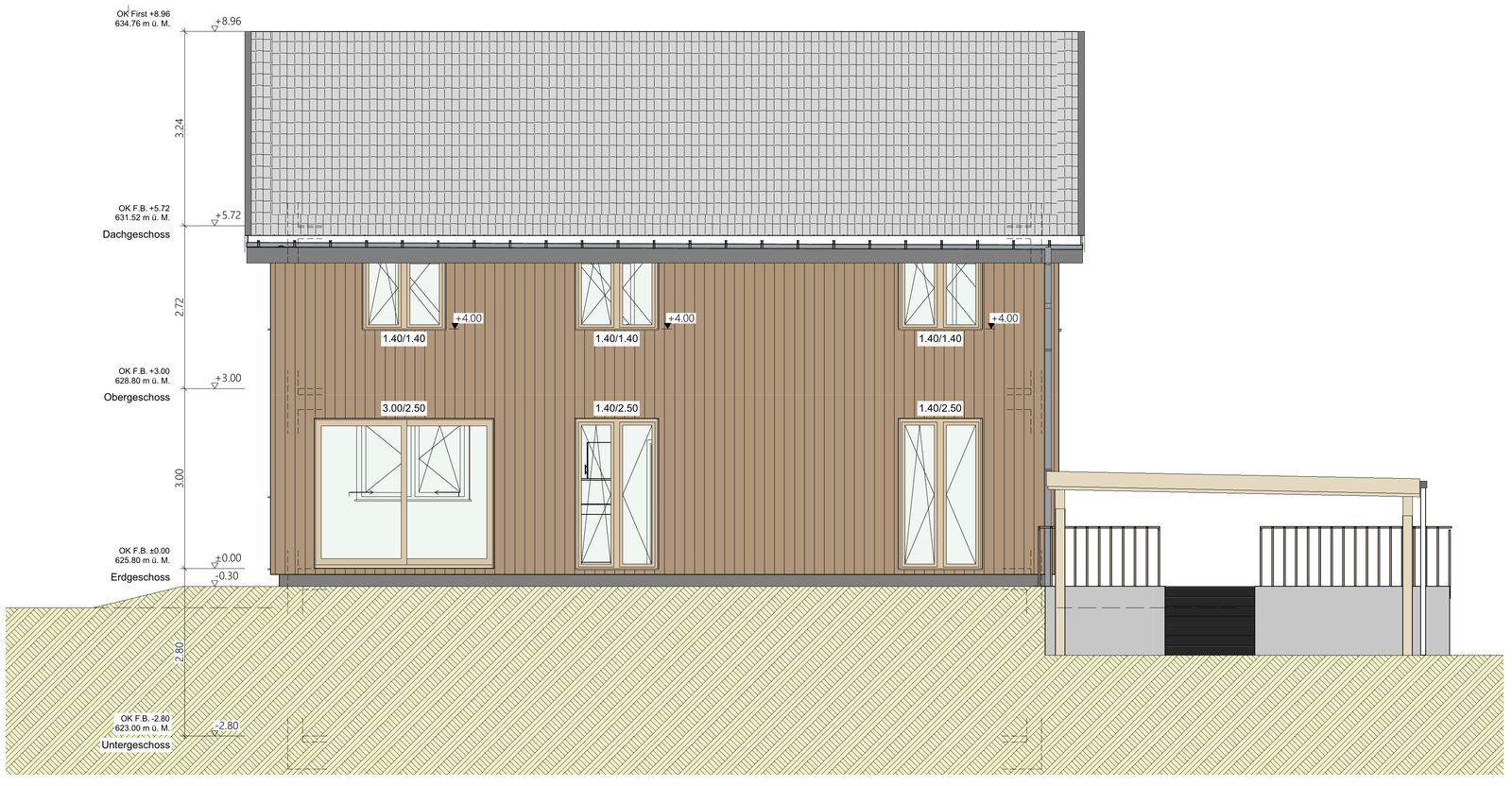Werkplan-Ansicht Süd 1:50 mit Holzfassade, Höhenkoten und Fenstermassen, erstellt mit Plassist in Archicad