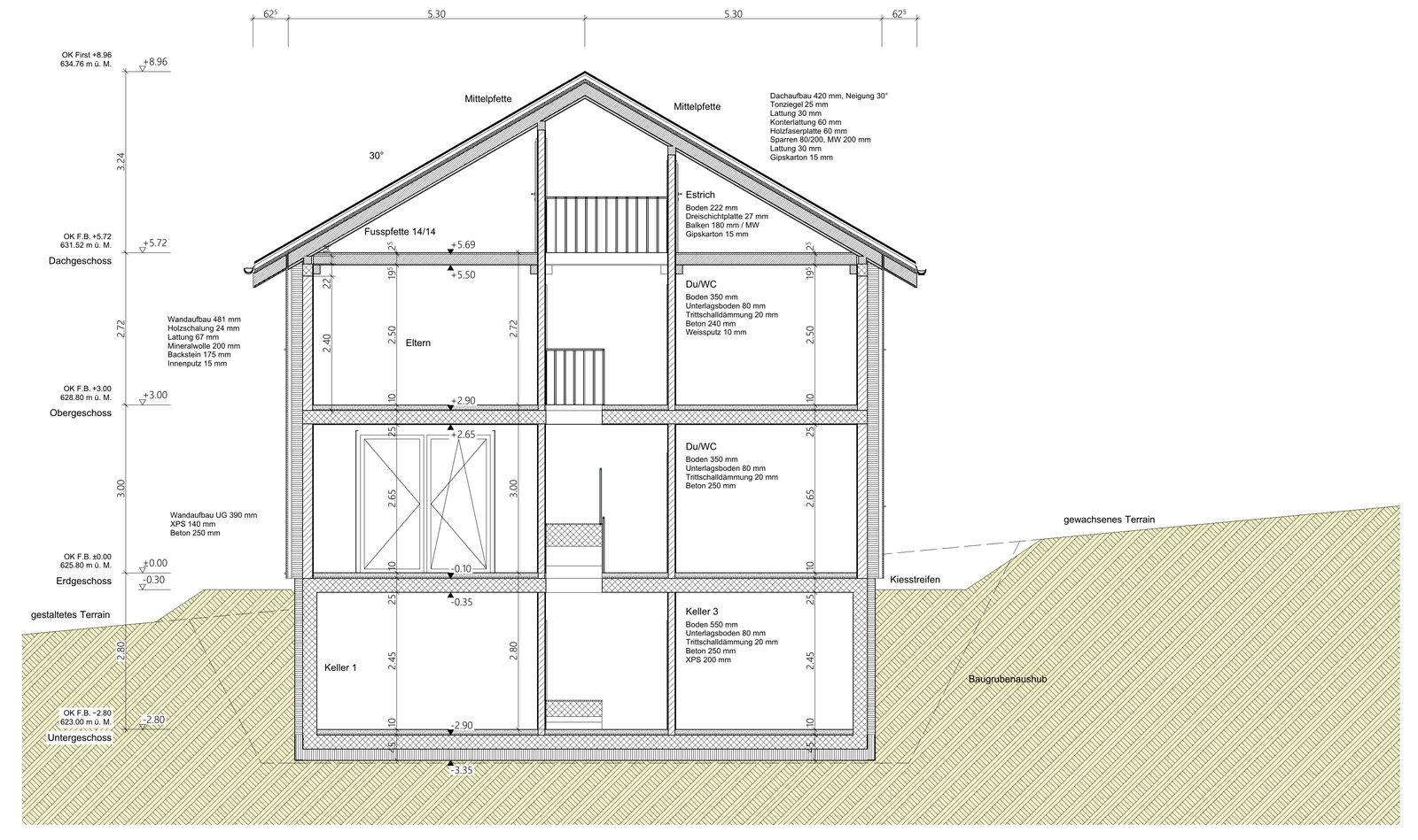 Werkplan-Schnitt A-A 1:50 eines Einfamilienhauses, erstellt mit Plassist in Archicad